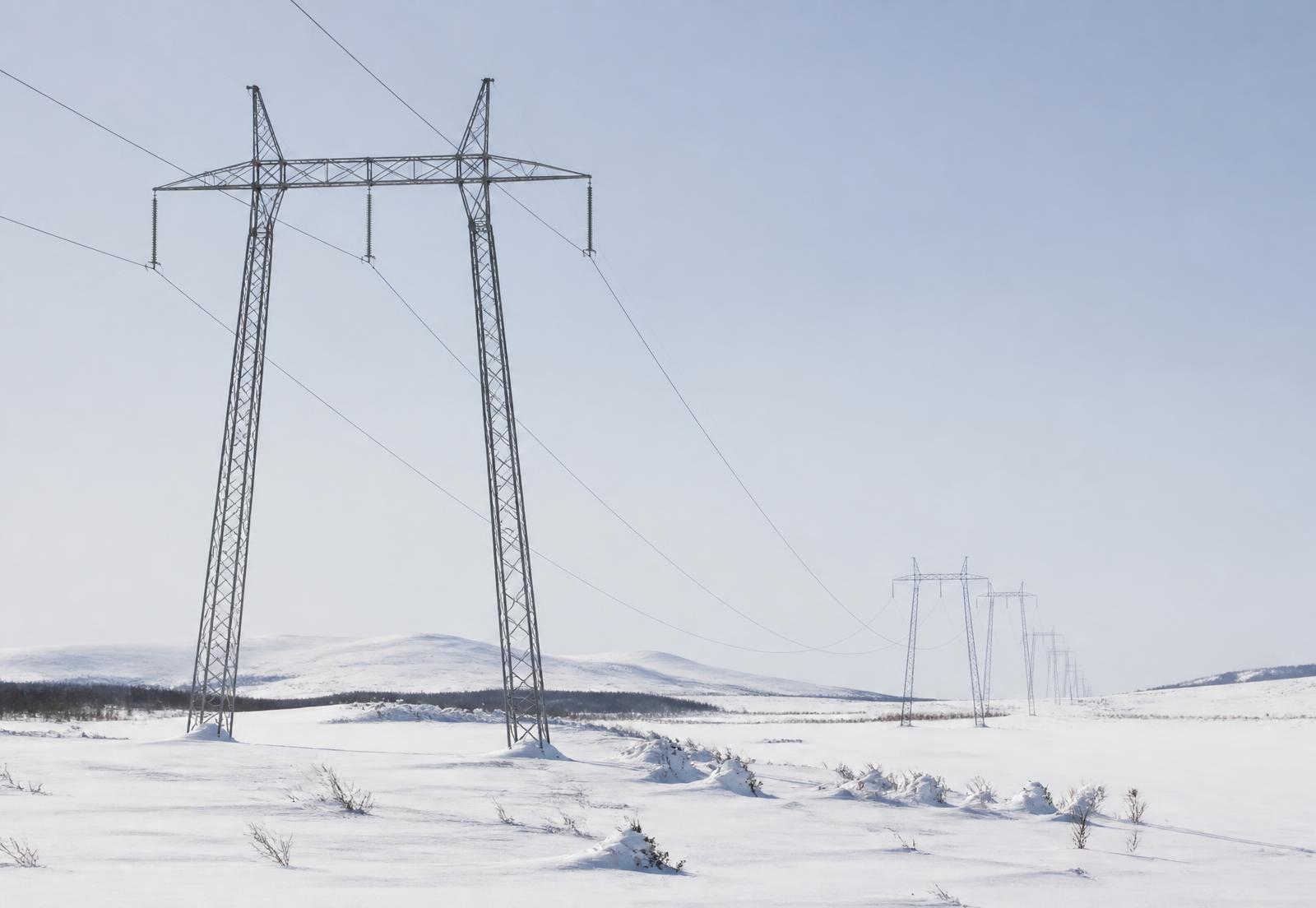 High-voltage transmission towers crossing a snow-covered Nordic landscape