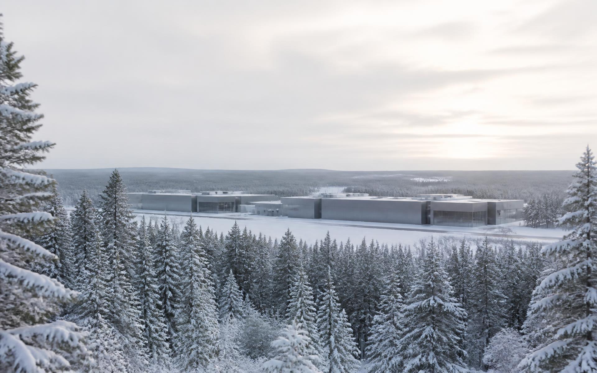 Winter view of a low-profile data center facility surrounded by snow-covered Nordic forest